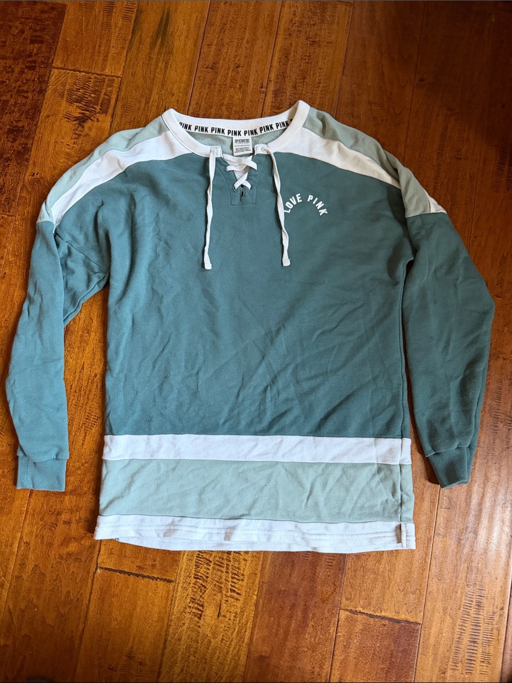 PINK Victoria's Secret Teal and White Lace-Up Pullover. Size XS